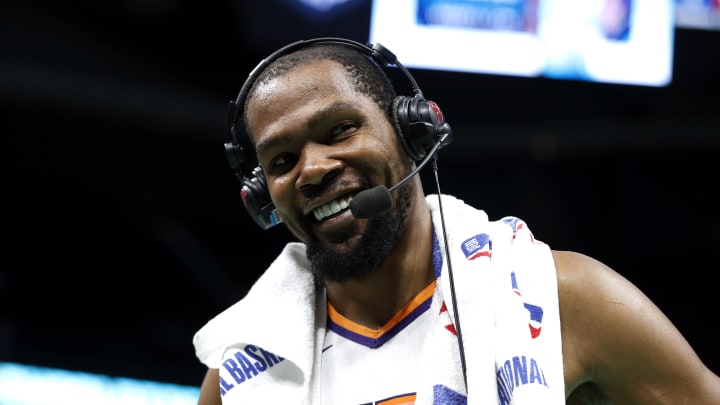 Mar 1, 2023; Charlotte, North Carolina, USA; Phoenix Suns forward Kevin Durant (35) smiles as he is interviewed following the game against the Charlotte Hornets at Spectrum Center. Mandatory Credit: Brian Westerholt-USA TODAY Sports