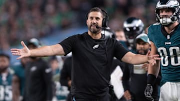 Sep 14, 2023; Philadelphia, Pennsylvania, USA; Philadelphia Eagles head coach Nick Sirianni reacts to an eventual turnover all against the Minnesota Vikings during the second quarter at Lincoln Financial Field. Mandatory Credit: Bill Streicher-Imagn Images