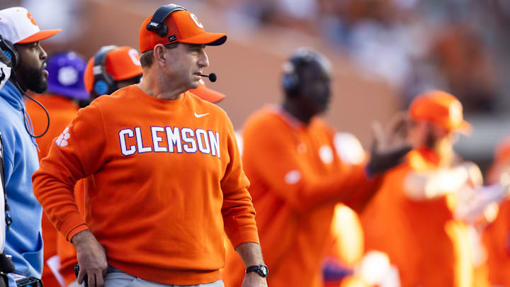 Dec 21, 2024; Austin, Texas, USA; Clemson Tigers head coach Dabo Swinney against the Texas Longhorns during the CFP National playoff first round at Darrell K Royal-Texas Memorial Stadium. Mandatory Credit: Mark J. Rebilas-Imagn Images