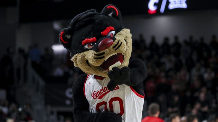 Jan 20, 2024; Cincinnati, Ohio, USA; The Cincinnati Bearcats mascot points during the first half in the game against the Oklahoma Sooners at Fifth Third Arena. Mandatory Credit: Katie Stratman-USA TODAY Sports