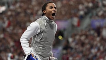 Lauren Scruggs reacts during the women's foil team table of 8 during the Paris 2024 Olympic Summer Games at Grand Palais. 