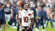 Sep 28, 2025; Paradise, Nevada, USA; Chicago Bears wide receiver Luther Burden III (10) celebrates after the game against the Las Vegas Raiders at Allegiant Stadium. Mandatory Credit: Stephen R. Sylvanie-Imagn Images
