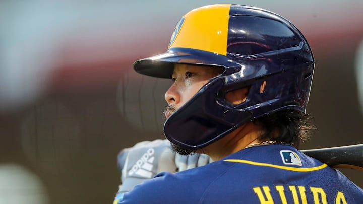 Milwaukee Brewers second baseman Keston Hiura (18) prepares on deck in the seventh inning against the Cincinnati Reds at Great American Ball Park.