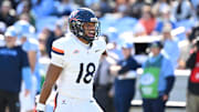 Oct 25, 2025; Chapel Hill, North Carolina, USA; Virginia Cavaliers safety Corey Costner (18) reacts in the first quarter at Kenan Stadium. Mandatory Credit: Bob Donnan-Imagn Images