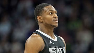 Mar 9, 2025; Minneapolis, Minnesota, USA; San Antonio Spurs guard De'Aaron Fox (4) looks on against the Minnesota Timberwolves in the second half at Target Center. Mandatory Credit: Jesse Johnson-Imagn Images