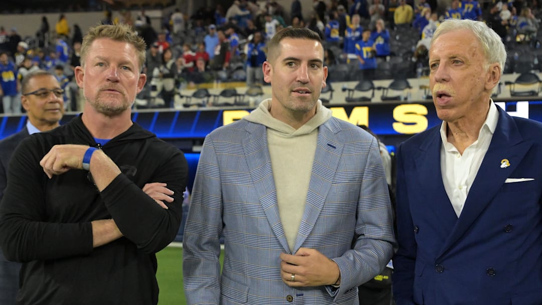 Nov 23, 2025; Inglewood, California, USA; Los Angeles Rams general manager Les Snead, CEO Tony Pastoors and Owner/Chairman Stan Kroenke on the field following the game against the Tampa Bay Buccaneers at SoFi Stadium. Mandatory Credit: Jayne Kamin-Oncea-Imagn Images
