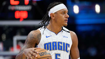 Mar 21, 2025; Washington, District of Columbia, USA; Orlando Magic forward Paolo Banchero (5) reacts before the game against the Washington Wizards at Capital One Arena. Mandatory Credit: Reggie Hildred-Imagn Images