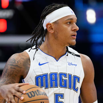 Mar 21, 2025; Washington, District of Columbia, USA; Orlando Magic forward Paolo Banchero (5) reacts before the game against the Washington Wizards at Capital One Arena. Mandatory Credit: Reggie Hildred-Imagn Images