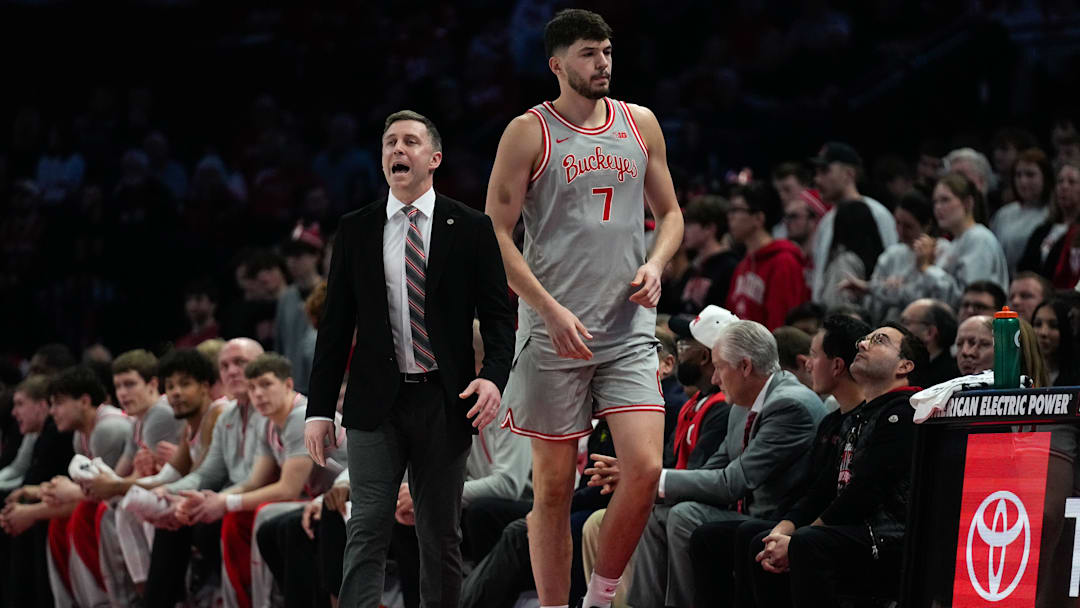 Ohio State Buckeyes head coach Jake Diebler reacts in the first half of the NCAA game at Value City Arena on Tuesday, Feb. 17, 2026 in Columbus, Ohio.