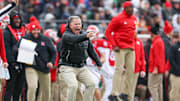 Nov 23, 2024; Piscataway, New Jersey, USA; Rutgers Scarlet Knights head coach Greg Schiano reacts during the first half against the Illinois Fighting Illini at SHI Stadium. Mandatory Credit: Vincent Carchietta-Imagn Images