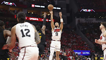 May 4, 2025; Houston, Texas, USA; /Houston Rockets forward Dillon Brooks (9) shoots the ball during game seven of the first round for the 2025 NBA Playoffs against the Golden State Warriors at Toyota Center. Mandatory Credit: Troy Taormina-Imagn Images