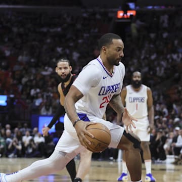 Feb 4, 2024; Miami, Florida, USA; LA Clippers guard Norman Powell (24) drives to the basket against the Miami Heat during the third quarter at Kaseya Center. Mandatory Credit: Sam Navarro-Imagn Images
