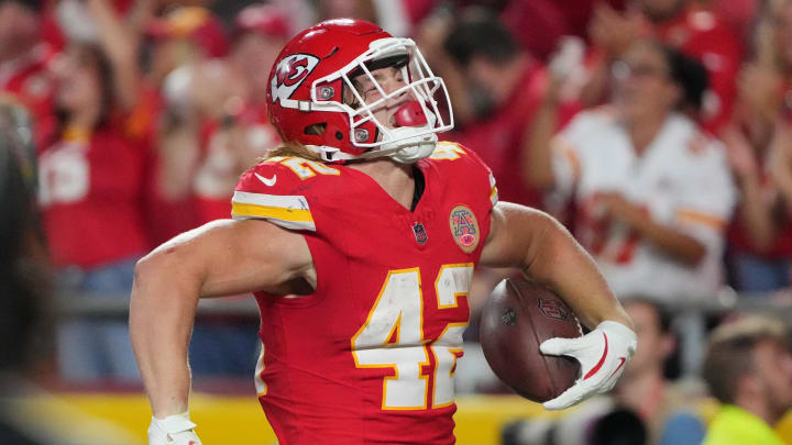 Aug 22, 2024; Kansas City, Missouri, USA; Kansas City Chiefs running back Carson Steele (42) celebrates after scoring against the Chicago Bears during the first half at GEHA Field at Arrowhead Stadium. Mandatory Credit: Denny Medley-USA TODAY Sports