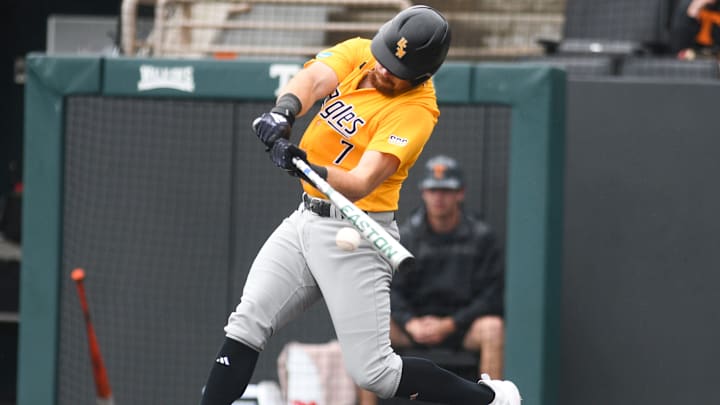 Southern Miss' Slade Wilks (7) hits the ball during a NCAA Baseball Tournament Knoxville Regional game at Lindsey Nelson Stadium on Sunday, June 2, 2024 in Knoxville, Tenn.
