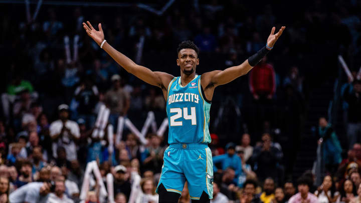 Apr 7, 2024; Charlotte, North Carolina, USA; Charlotte Hornets forward Brandon Miller (24) reacts to a call during the fourth quarter against the Oklahoma City Thunder at Spectrum Center. 