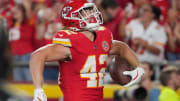 Aug 22, 2024; Kansas City, Missouri, USA; Kansas City Chiefs running back Carson Steele (42) celebrates after scoring against the Chicago Bears during the first half at GEHA Field at Arrowhead Stadium. Mandatory Credit: Denny Medley-USA TODAY Sports