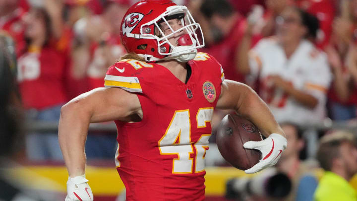 Aug 22, 2024; Kansas City, Missouri, USA; Kansas City Chiefs running back Carson Steele (42) celebrates after scoring against the Chicago Bears during the first half at GEHA Field at Arrowhead Stadium. Mandatory Credit: Denny Medley-USA TODAY Sports