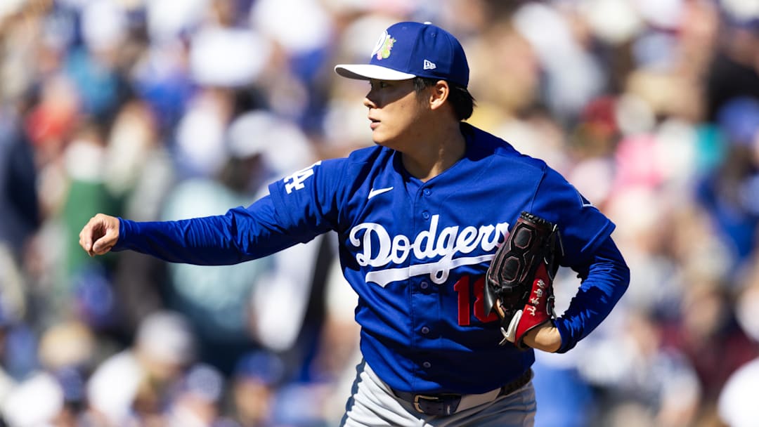 Feb 21, 2026; Tempe, Arizona, USA; Los Angeles Dodgers pitcher Yoshinobu Yamamoto against the Los Angeles Angels during a spring training game at Tempe Diablo Stadium. Mandatory Credit: Mark J. Rebilas-Imagn Images Feb 21, 2026; Tempe, Arizona, USA; Los Angeles Dodgers pitcher Yoshinobu Yamamoto against the Los Angeles Angels during a spring training game at Tempe Diablo Stadium. Mandatory Credit: Mark J. Rebilas-Imagn Images
