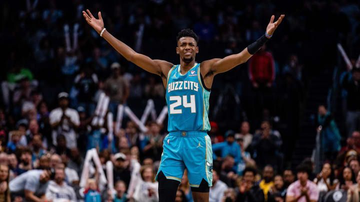 Apr 7, 2024; Charlotte, North Carolina, USA; Charlotte Hornets forward Brandon Miller (24) reacts to a call during the fourth quarter against the Oklahoma City Thunder at Spectrum Center. Mandatory Credit: Scott Kinser-USA TODAY Sports