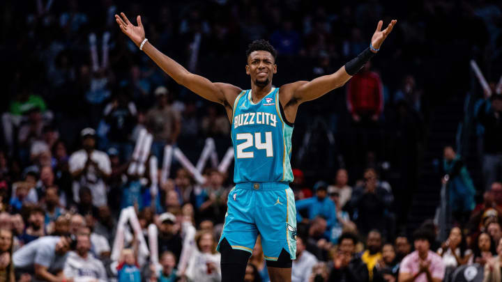 Apr 7, 2024; Charlotte, North Carolina, USA; Charlotte Hornets forward Brandon Miller (24) reacts to a call during the fourth quarter against the Oklahoma City Thunder at Spectrum Center. Mandatory Credit: Scott Kinser-USA TODAY Sports