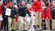 Nov 23, 2024; Piscataway, New Jersey, USA; Rutgers Scarlet Knights head coach Greg Schiano reacts during the first half against the Illinois Fighting Illini at SHI Stadium. Mandatory Credit: Vincent Carchietta-Imagn Images