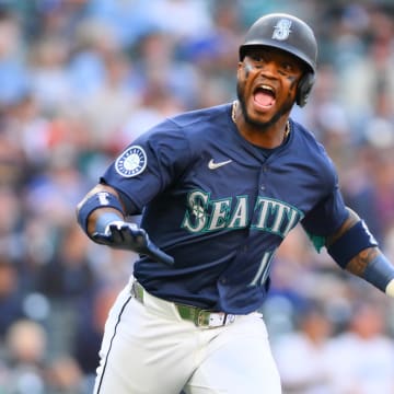 Seattle Mariners center fielder Victor Robles celebrates against the Detroit Tigers on Friday at T-Mobile Park.