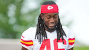 Jul 22, 2025; St. Joseph, MO, USA; Kansas City Chiefs cornerback Darius Rush (46) walks down the hill to the practice fields during training camp at Missouri Western State University. Mandatory Credit: Denny Medley-Imagn Images