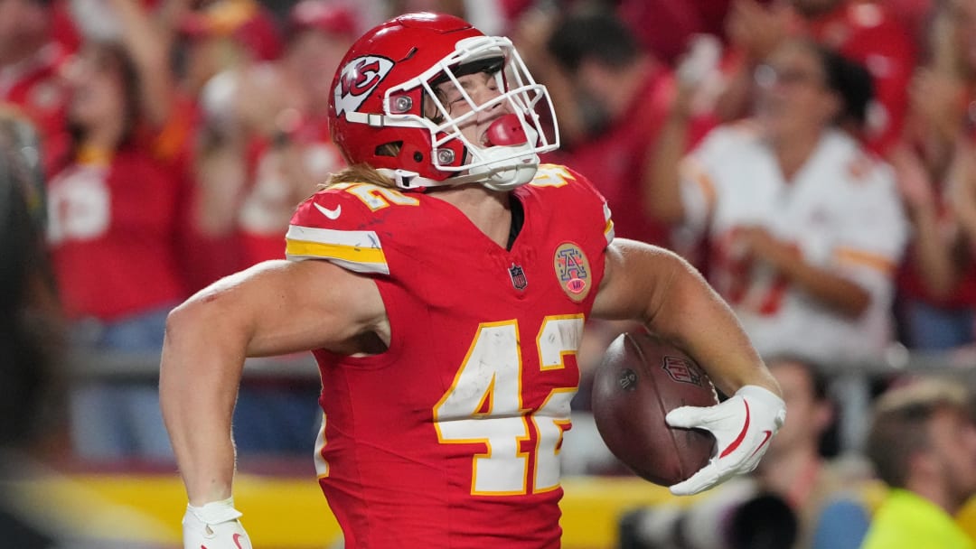 Aug 22, 2024; Kansas City, Missouri, USA; Kansas City Chiefs running back Carson Steele (42) celebrates after scoring against the Chicago Bears during the first half at GEHA Field at Arrowhead Stadium. Mandatory Credit: Denny Medley-USA TODAY Sports