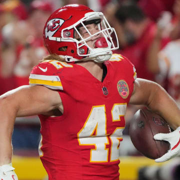 Aug 22, 2024; Kansas City, Missouri, USA; Kansas City Chiefs running back Carson Steele (42) celebrates after scoring against the Chicago Bears during the first half at GEHA Field at Arrowhead Stadium. Mandatory Credit: Denny Medley-USA TODAY Sports