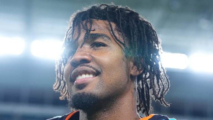 Sep 29, 2025; Miami Gardens, Florida, USA; Miami Dolphins wide receiver Jaylen Waddle (17) reacts after the game against the New York Jets at Hard Rock Stadium. Mandatory Credit: Rich Storry-Imagn Images
