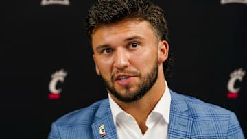 Jul 8, 2025; Frisco, TX, USA; Cincinnati quarterback Brendan Sorsby answers questions from the media during 2025 Big 12 Football Media Days at The Star. Mandatory Credit: Raymond Carlin III-Imagn Images