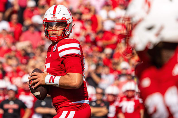 Nebraska Cornhuskers quarterback Dylan Raiola looks to pass against the Houston Christian Huskies.