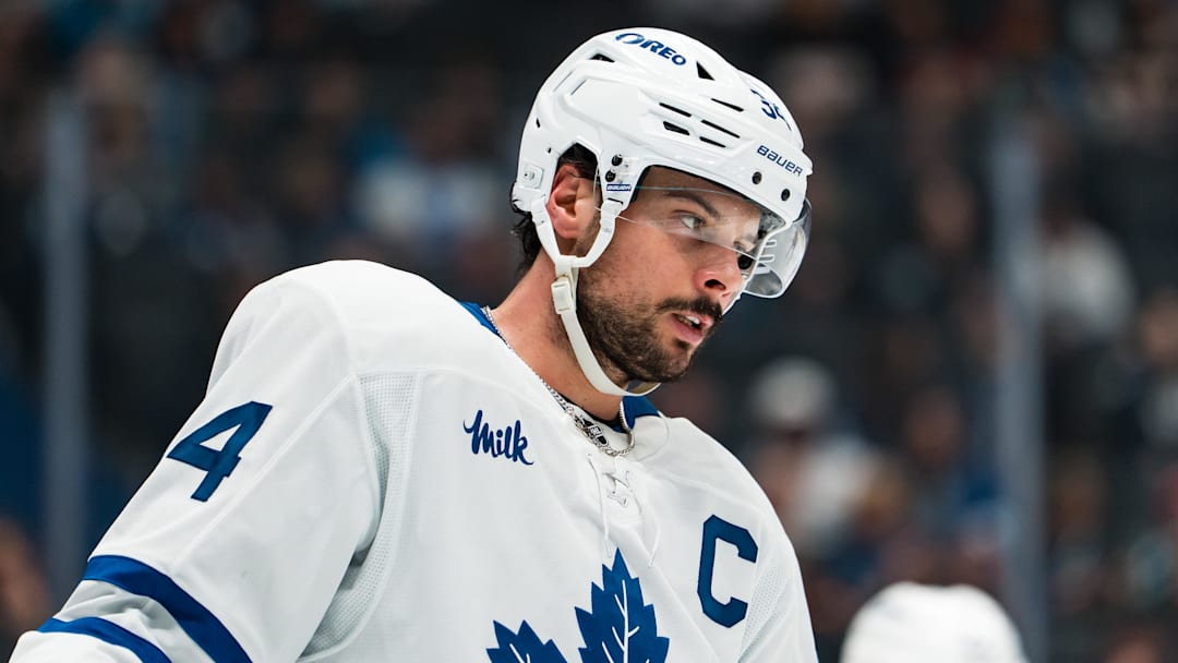 Jan 31, 2026; Vancouver, British Columbia, CAN; Toronto Maple Leafs forward Auston Matthews (34) during a stop in play against the Vancouver Canucks in the second period at Rogers Arena. Mandatory Credit: Bob Frid-Imagn Images