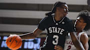 Feb 25, 2025; Tuscaloosa, Alabama, USA; Mississippi State Bulldogs forward KeShawn Murphy (3) dribbles against Alabama Crimson Tide guard Aden Holloway (2) during the first half at Coleman Coliseum. Mandatory Credit: Will McLelland-Imagn Images