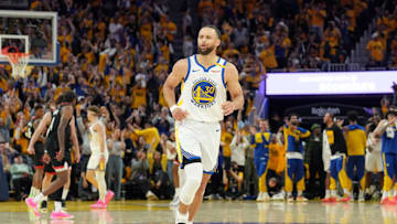 Apr 26, 2025; San Francisco, California, USA; Golden State Warriors guard Stephen Curry (30) reacts after making a three point basket against the Houston Rockets during the fourth quarter of game three of first round for the 2024 NBA Playoffs at Chase Center. Mandatory Credit: Darren Yamashita-Imagn Images