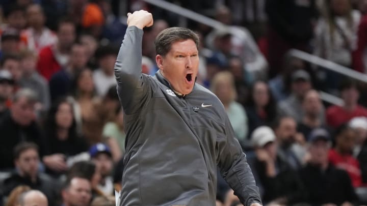 Mar 30, 2024; Los Angeles, CA, USA; Clemson Tigers head coach Brad Brownell reacts in the second half against the Alabama Crimson Tide in the finals of the West Regional of the 2024 NCAA Tournament at Crypto.com Arena. 