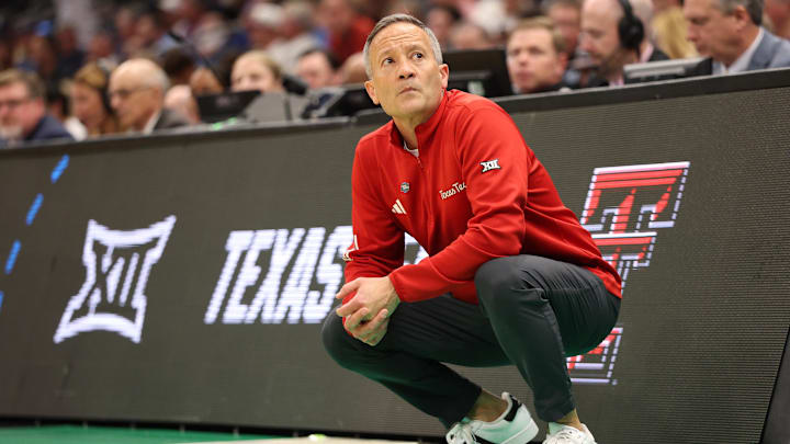 Mar 20, 2026; Tampa, FL, USA; Texas Tech Red Raiders head coach Grant McCasland in the second half against the Akron Zips during a first round game of the men's 2026 NCAA Tournament at Benchmark International Arena. Mandatory Credit: Nathan Ray Seebeck-Imagn Images