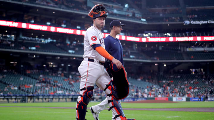 Jun 2, 2024; Houston, Texas, USA; Houston Astros catcher Victor Caratini (17) walks to the dugout prior to the game against the Minnesota Twins at Minute Maid Park. Mandatory Credit: Erik Williams-USA TODAY Sports