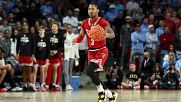 Feb 1, 2025; Houston, Texas, USA; Texas Tech Red Raiders guard Elijah Hawkins (3) brings the ball down court during the first half against the Houston Cougars at Fertitta Center. Mandatory Credit: Maria Lysaker-Imagn Images 