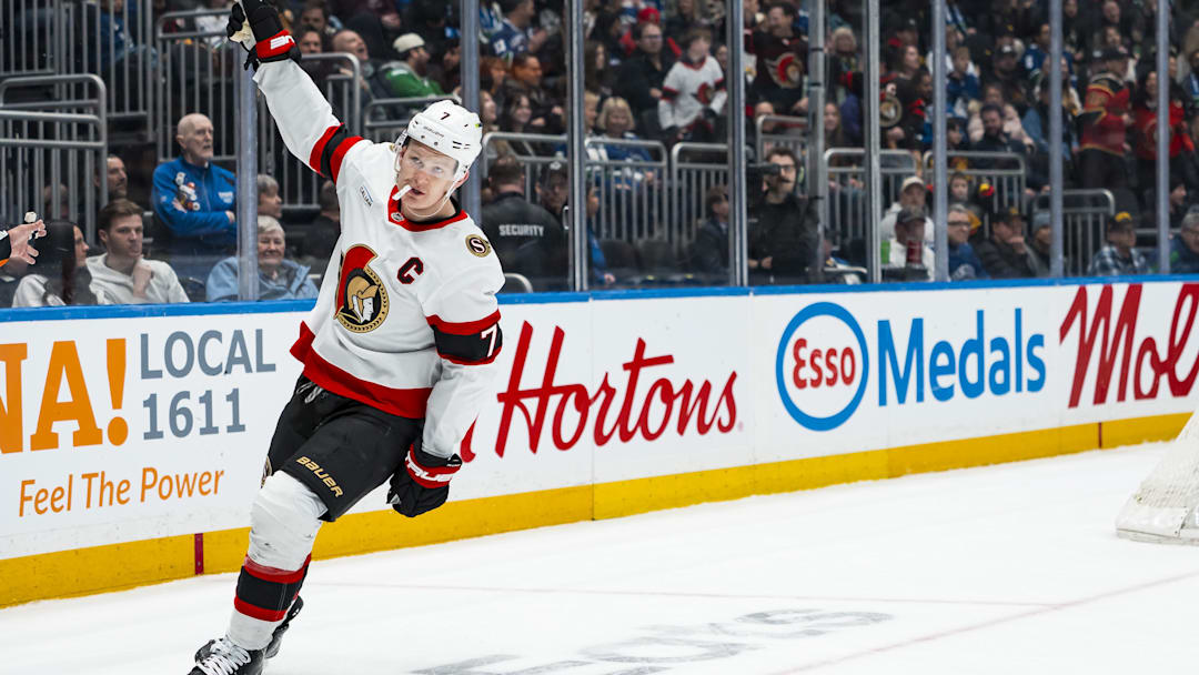 Mar 9, 2026; Vancouver, British Columbia, CAN; Ottawa Senators forward Brady Tkachuk (7) celebrates his goal against the Vancouver Canucks in the third period at Rogers Arena. Mandatory Credit: Bob Frid-Imagn Images