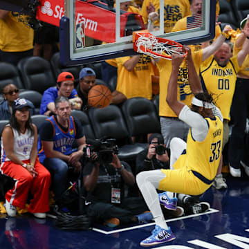 Jun 19, 2025; Indianapolis, Indiana, USA; Indiana Pacers center Myles Turner (33) dunks the ball against the Oklahoma City Thunder in the third quarter during game six of the 2025 NBA Finals at Gainbridge Fieldhouse. Mandatory Credit: Trevor Ruszkowski-Imagn Images
