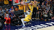 Indiana Pacers center Myles Turner dunks the ball against the Oklahoma City Thunder in the third quarter during game six of the 2025 NBA Finals at Gainbridge Fieldhouse. 