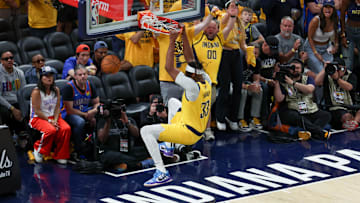 Indiana Pacers center Myles Turner dunks the ball against the Oklahoma City Thunder in the third quarter during game six of the 2025 NBA Finals at Gainbridge Fieldhouse. 