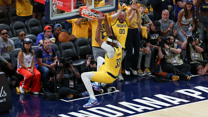 Indiana Pacers center Myles Turner dunks the ball against the Oklahoma City Thunder in the third quarter during game six of the 2025 NBA Finals at Gainbridge Fieldhouse. 