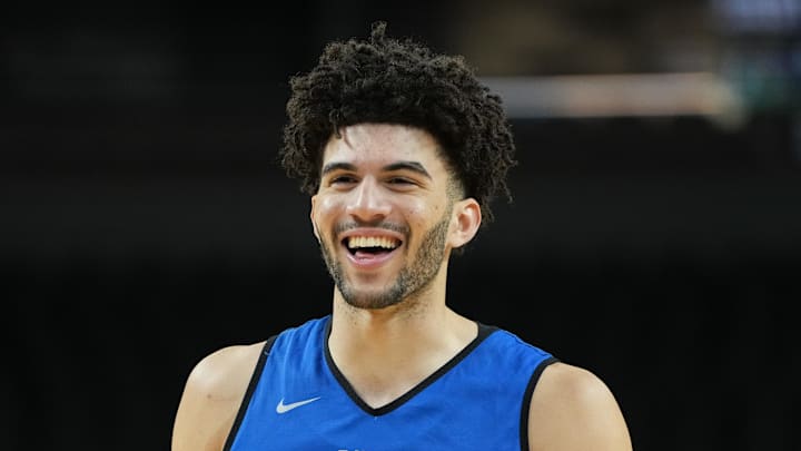Mar 18, 2026; Greenville, SC, USA; Duke Blue Devils forward Cameron Boozer (12) reacts during a practice session ahead of the first round of the men's 2026 NCAA Tournament at Bon Secours Wellness Arena. Mandatory Credit: Bob Donnan-Imagn Images
