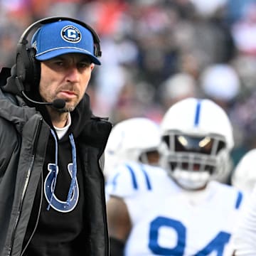 Dec 1, 2024; Foxborough, Massachusetts, USA; Indianapolis Colts head coach Shane Steichen looks on during the first half against the New England Patriots at Gillette Stadium. 