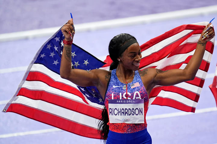 Sha'carri Richardson celebrates after winning the women’s 4x100m relay during the Paris 2024 Olympic Summer Games 