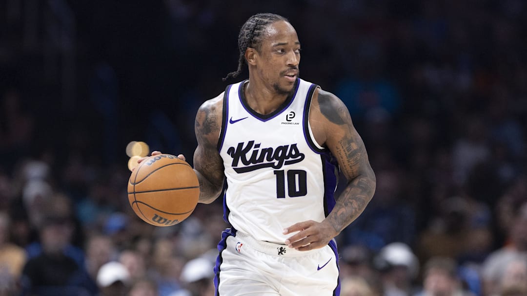 Nov 19, 2025; Oklahoma City, Oklahoma, USA; Sacramento Kings guard DeMar DeRozan (10) dribbles down the court against the Oklahoma City Thunder during the second quarter at Paycom Center. Mandatory Credit: Alonzo Adams-Imagn Images