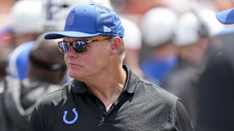 Aug 23, 2025; Cincinnati, Ohio, USA; Indianapolis Colts general manager Chris Ballard walks the sideline in the game against the Cincinnati Bengals at Paycor Stadium. 