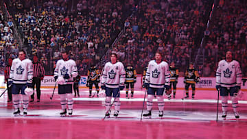 Mar 2, 2025; Pittsburgh, Pennsylvania, USA;  Toronto Maple Leafs starting line-up of (L to R) left wing Matthew Knies (23) and defenseman Oliver Ekman-Larsson (95) and right wing Mitch Marner (16) and defenseman Morgan Rielly (44) and center Auston Matthews (34) stand for the national anthem against the Pittsburgh Penguins at PPG Paints Arena. Mandatory Credit: Charles LeClaire-Imagn Images